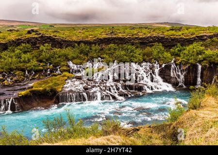 The central section of the Hraunfossar Falls, near Borgarnes, Iceland Stock Photo