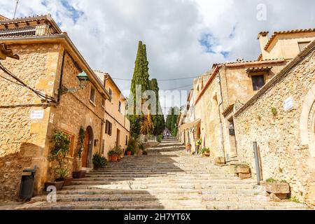 Pollenca on Mallorca stairs stairway to church El Calvari holidays vacation aerial photo view in Spain Stock Photo