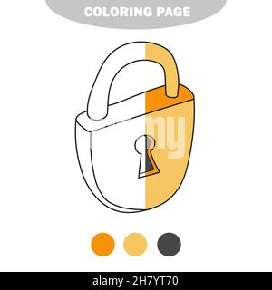 Simple coloring page. Metal Lock to be colored, the coloring book for preschool kids with easy gaming level. Half painted picture with color samples Stock Vector
