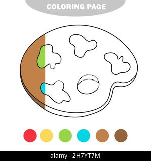 Simple coloring page. Palette with paints - coloring book - vector illustration for kids. Half painted picture with color samples Stock Vector