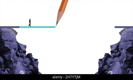 3d illustration - running from one cliff to another with the help of a pencil line sketch as a concept for bridging the gap for success Stock Photo