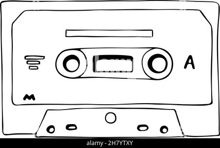 Vintage vector illustration -Hand drawn doodle of Retro audio mixtape. Analog media for recording and listening to stereo music. Old-fashioned tape cassette. Cartoon sketch icon isolated on white Stock Vector