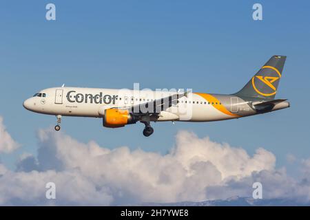 Palma de Mallorca, Spain - October 25, 2021: Condor Airbus A320 airplane at Palma de Mallorca airport (PMI) in Spain. Stock Photo