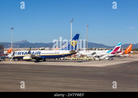 Palma de Mallorca, Spain - October 20, 2021: Airplanes at Palma de Mallorca airport (PMI) in Spain. Stock Photo