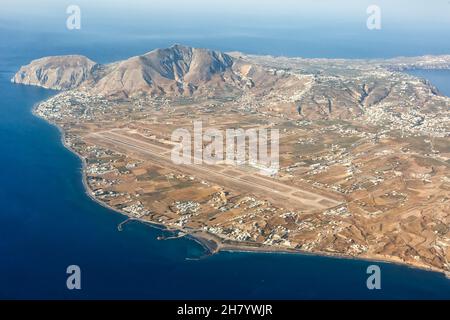 Santorini, Greece - August 4, 2021: Aerial photo of Santorini airport (JTR) in Greece. Stock Photo