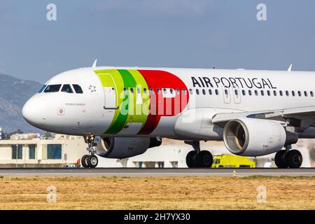 Faro, Portugal - September 25, 2021: TAP Air Portugal Airbus A320 airplane at Faro airport (FAO) in Portugal. Stock Photo