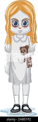 Ghost girl holding teddy bear on full moon background illustration ...
