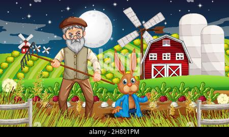 Farm at night scene with old farmer man and a rabbit illustration Stock Vector