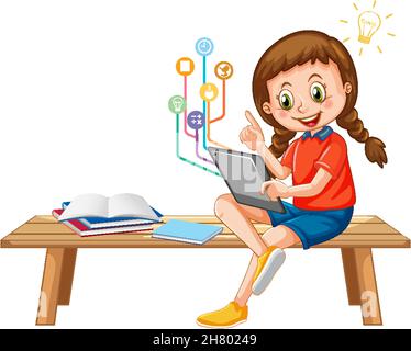 Young girl using tablet with education icons illustration Stock Vector