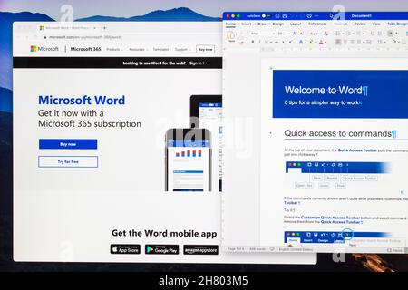 Microsoft Word homepage in browser and document opened in Word software seen on computer screen Stock Photo