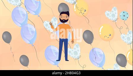 Image of illustration of happy bearded man waving, with balloons on peach background Stock Photo
