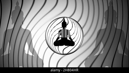 Image of buddha figure meditating over black lines and circles on grey background Stock Photo