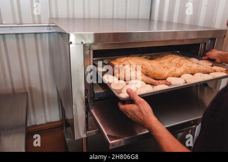 Crop anonymous chef putting tray of suckling tepezcuintle and potatoes into modern oven while cooking in light cafe during work Stock Photo