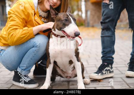 Satisfied wife listening to husband while sitting together near house and spending time in autumn time Stock Photo