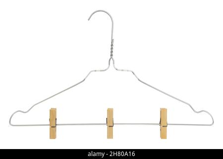 metal coat hanger with clothespins isolated on white background, clothes pegs clamped to hanger Stock Photo