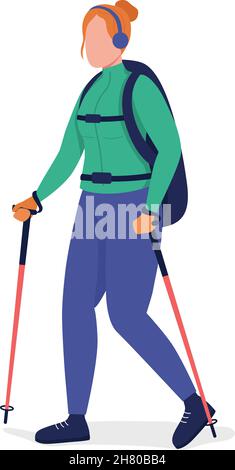 Woman on nordic walk semi flat color vector character Stock Vector