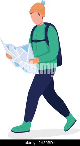 Guy with map in green coat semi flat color vector character Stock Vector