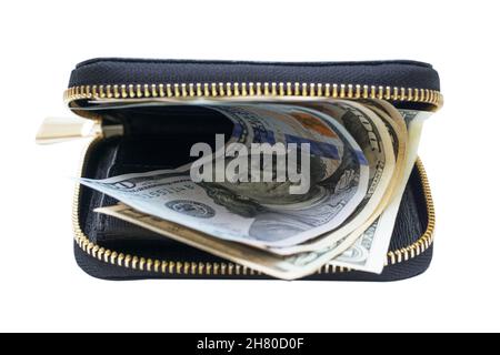 Zip-around closure wallet with dollar bills isolated on white background Stock Photo
