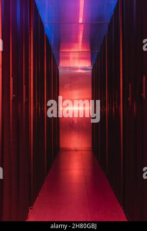 closed servers in modern data center with neon light, cyber security concept Stock Photo