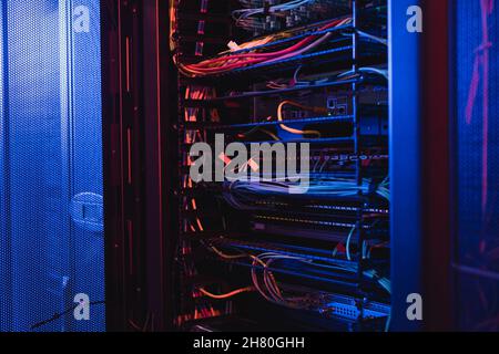 wires in open server in data center, cyber security concept Stock Photo