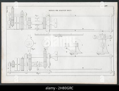 VICTORIAN ENGINEERING DRAWING Machine for Screwing Bolts 1847 old print Stock Photo