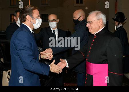 The Vatican. 26th Nov, 2021. Italy, Rome, Vatican, 26/11/21. Monsignor Leonardo Sapienza and French President Emmanuel Macron during a private audience at the Vatican . RESTRICTED TO EDITORIAL USE - Vatican Media/Spaziani. Credit: dpa/Alamy Live News Stock Photo