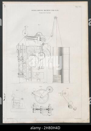 VICTORIAN ENGINEERING DRAWING Spiral roving machine for flax, section 1847 Stock Photo