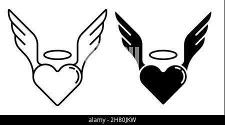 Linear icon. Inspired heart of human in love. Heart symbol with wings and halo. Simple black and white vector isolated on white background Stock Vector