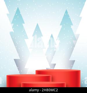 3 red cylinder pedestals standing on snowy forest background. Winter holidays vector background with Christmas trees and round stage, with empty space. Stock Vector