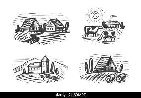 Farm emblems set on white background. Agriculture, farming concept vector illustration Stock Vector