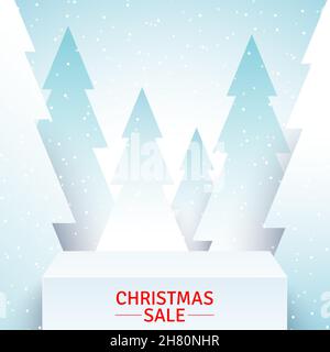 White stage standing on snowy forest background. Winter holidays promotional vector background with Christmas trees and square pedestal, with empty space. Stock Vector
