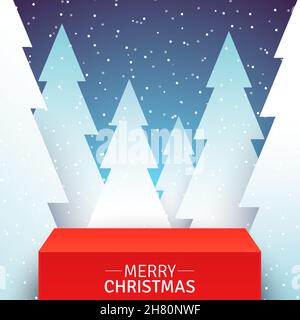 Red stage standing on snowy forest background. Winter holidays promotional vector background with Christmas trees and square pedestal, with empty space. Stock Vector