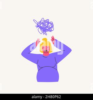 Annoyed pregnant woman screams, a tangle of thoughts over her head. Problems associated with expecting a baby. Vector cartoon illustration of purple Stock Vector