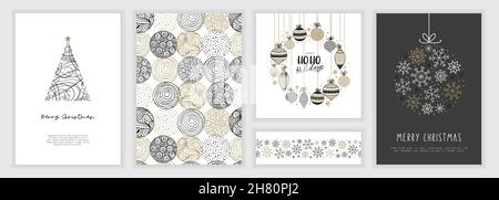 Merry and Bright Corporate Holiday cards and invitations. Universal abstract creative artistic templates with hand drawn decorations, frames and copy Stock Vector