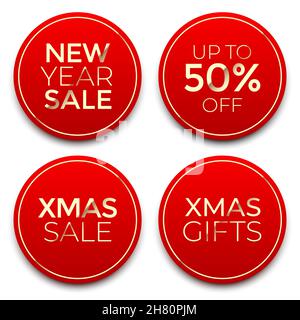 Christmas and New Year sale, red round badges with golden details, isolated on background. Xmas discount labels vector set. Stock Vector