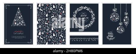 Merry and Bright Corporate Holiday cards and invitations. Universal abstract creative artistic templates with hand drawn decorations, frames and copy Stock Vector