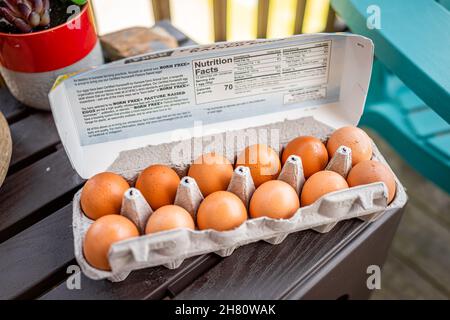 Sugar Mountain, USA - May 31, 2021: Closeup of Born Free brand pasture raised farm fresh eggs nutrition label for dozen brown eggs bought in North Car Stock Photo