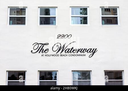 Hollywood, USA - July 8, 2021: Condo condominium apartment building sign for the Waterway in North Miami, Hollywood beach, Florida in residential dist Stock Photo