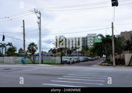 Hollywood, USA - July 8, 2021: Condo condominium apartment building on Collins Avenue A1A road street in North Miami, Hollywood beach, Florida in resi Stock Photo