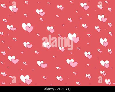 White and pink hearts of various sizes on a pastel red background. Valentine day pattern. Wrapping paper design. Stock Photo