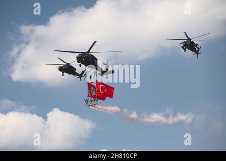 ANKARA, TURKEY - JUNE 26, 2021: Turkish Police Force Helicopters performing Stock Photo