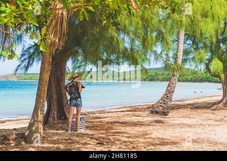 Woman with straw hat and striped bag on tropical beach near tree Stock Photo