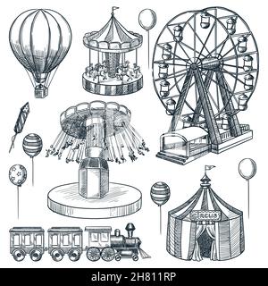 Amusement park design elements collection. Vector hand drawn sketch illustration. Circus tent, carousel, ferris wheel isolated icons. Carnival and att Stock Vector