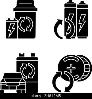 Recyclable battery types black glyph icons set on white space Stock Vector