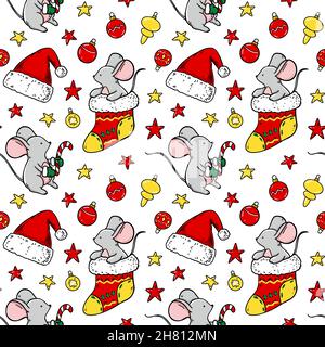 Colorful Merry Christmas and Happy New Year seamless pattern with cute mice. Hand drawn vector illustration Stock Vector