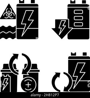 Battery reuse black glyph icons set on white space Stock Vector
