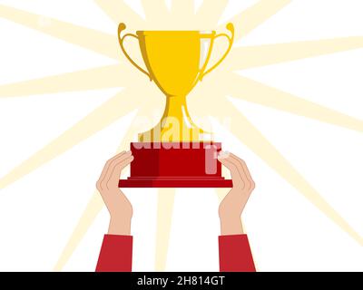 Hands reaches for the golden cup sport or business award vector illustration Stock Vector