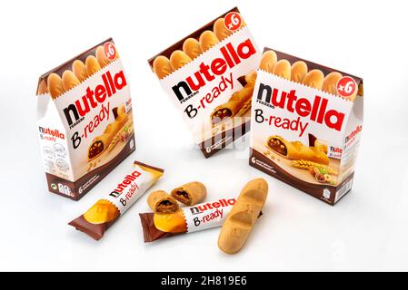 Alba, Italy - November 25, 2021: Nutella B-ready Ferrero - wafer filled with Nutella, chocolate and hazelnut cream, pack with six biscuits, wafer cut Stock Photo