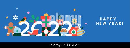Happy New Year 2022 web banner illustration. Abstract flat cartoon holiday decoration in modern geometric shape style. Includes toy soldier, gift, san Stock Vector