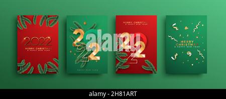Happy New Year 2022 greeting card set. Luxury 3d gold number date sign on green background with golden party confetti and christmas pine tree branch.